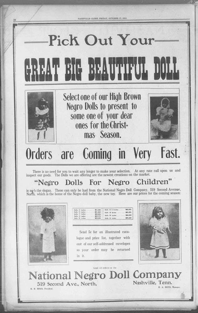 Newspaper advertisement: “Pick Out Your Great Big Beautiful Doll” Nashville Globe, October 17, 1913
