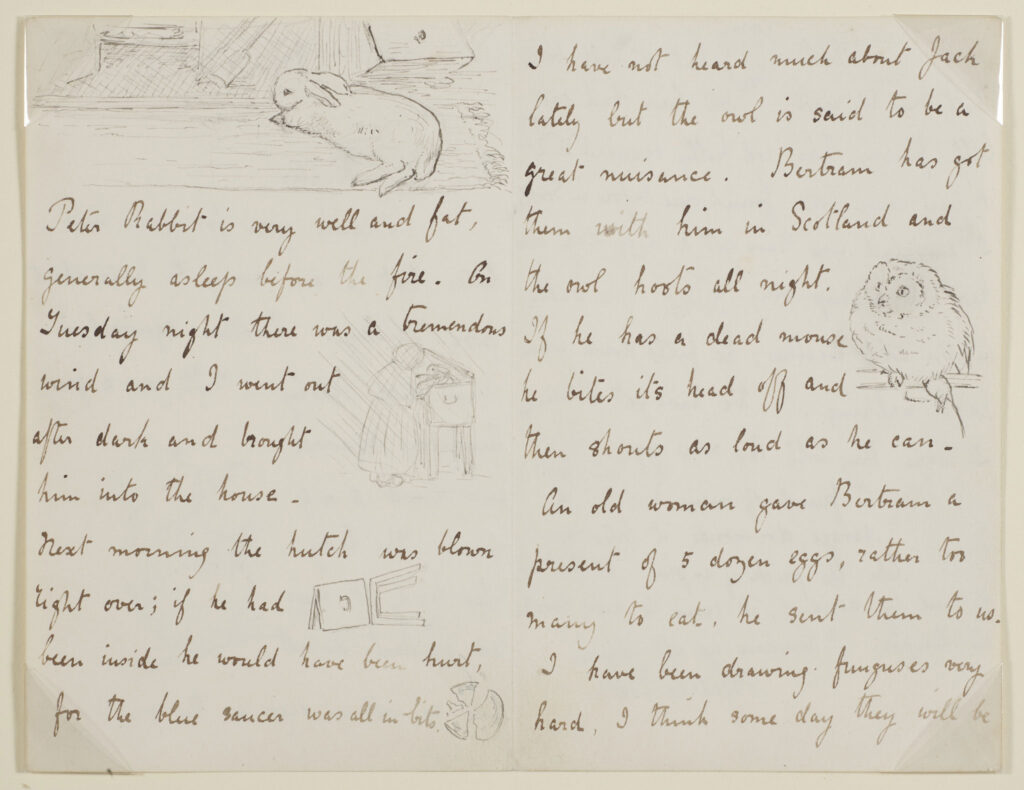 Picture letter to Walter Gaddum about rabbit, owl and squirrel by Beatrix Potter, 6 March 1897. Linder Bequest © Victoria and Albert Museum, London