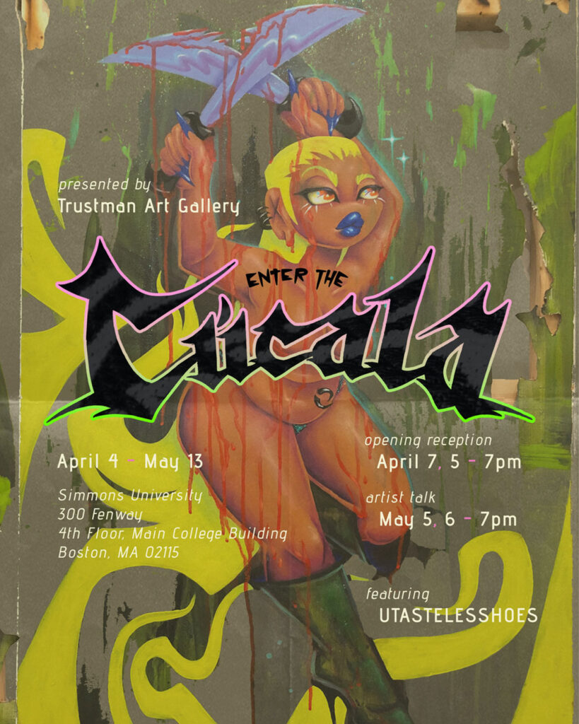 Postcard for Rixy’s "Enter the Cúcala" exhibition at Simmons University's Trustman Art Gallery, April 2022.