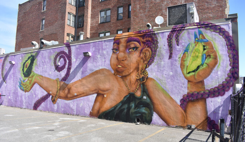 Rixy's 2020 mural at 877 Main St., Cambridge. (©Greg Cook photo)