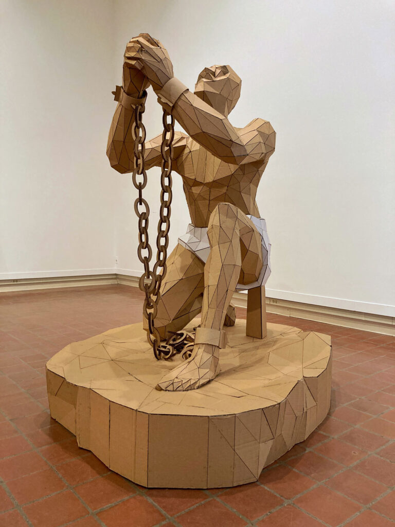 Roberto Visani, "cardboard slave kit, abolitionist blend," 2020, cardboard, hot glue. (Courtesy Brattleboro Museum & Art Center)
