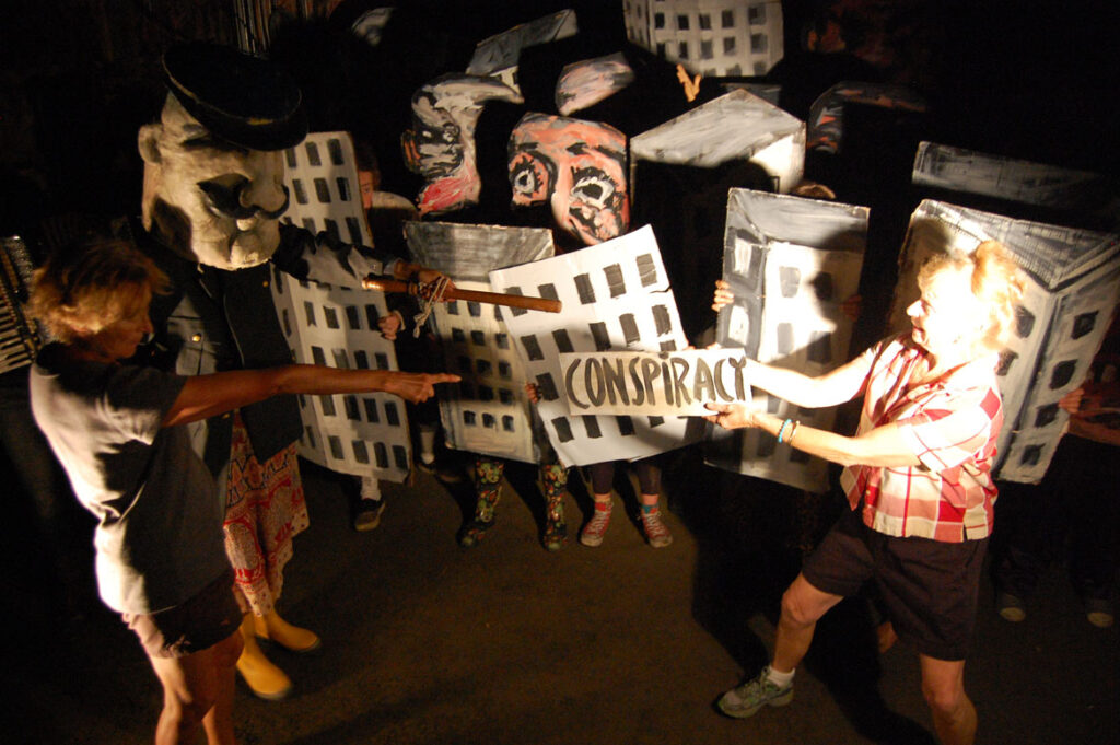 Genevieve Yeuillaz (left) rehearses Bread and Puppet's “The Seditious Conspiracy Theater Presents: A Monument to the Political Prisoner Oscar Lopez Rivera," Glover, Vermont, Aug. 21, 2015. (©Greg Cook photo)