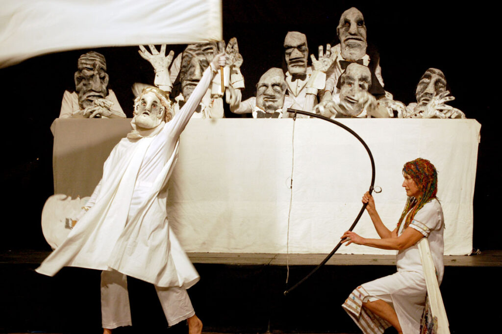 Genevieve Yeuillaz (right) performs in Bread and Puppet's "The Return of Ulysses," Boston Center for the Arts, Jan. 28, 2011. (©Greg Cook photo)