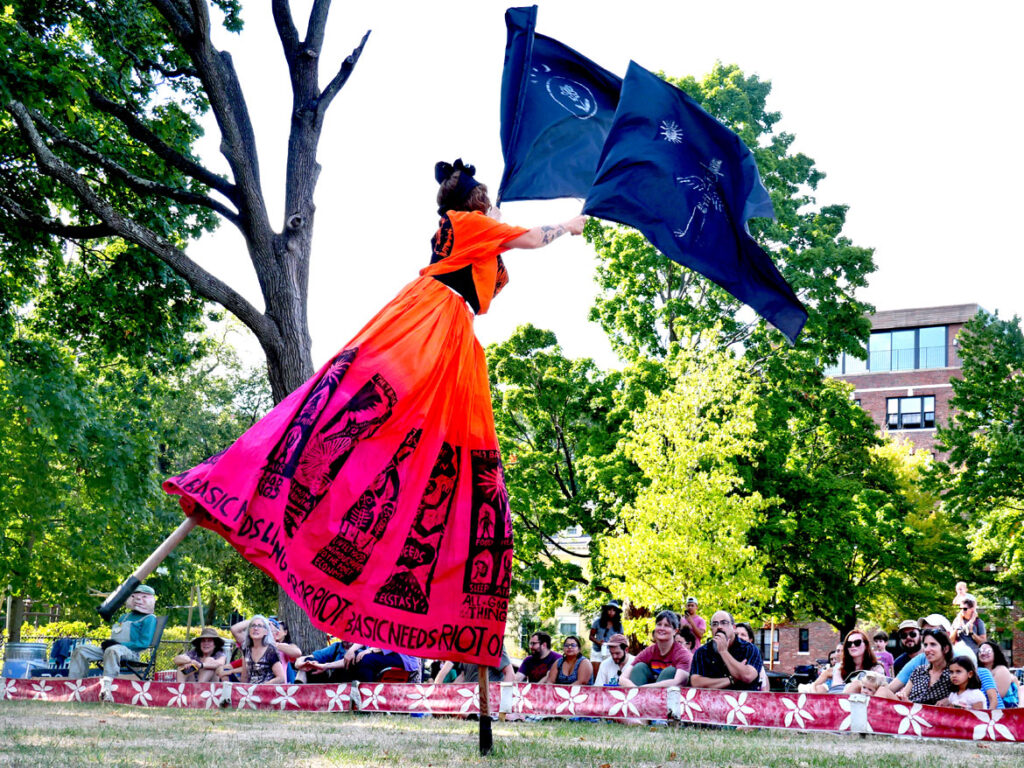 Bread and Puppet Theater performs its “Apocalypse Defiance Circus” on Cambridge Common, Sept. 4, 2022. (© Greg Cook photo)