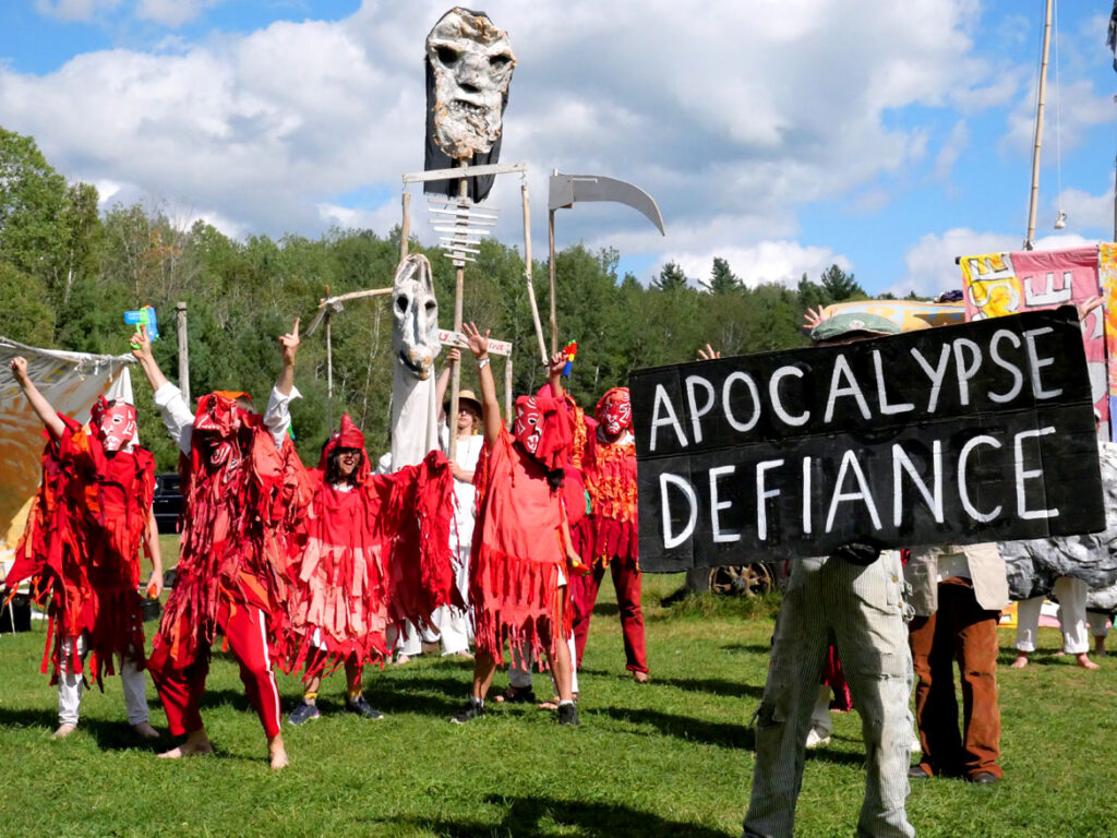 Bread and Puppet Theater performs its "Apocalypse Defiance Circus" in Glover, Vermont, Aug. 28, 2022. (© Greg Cook photo)