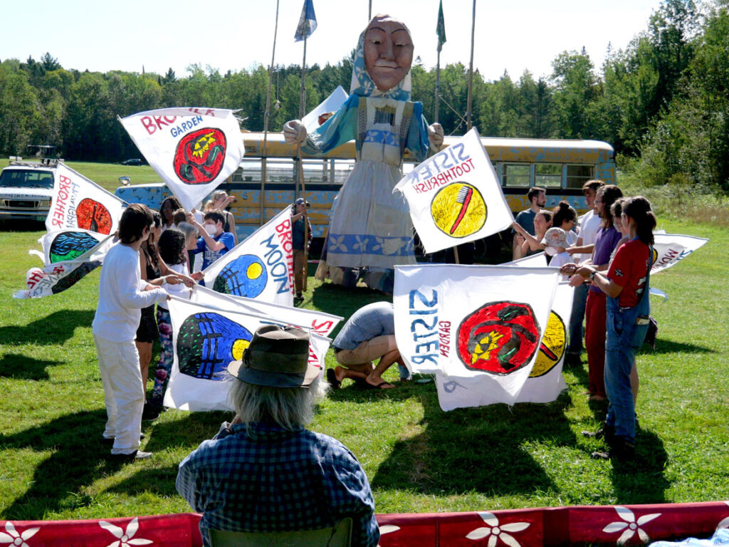 Rehearsal for Bread and Puppet Theater's "Apocalypse Defiance Circus" in Glover, Vermont, Aug. 28, 2022. (© Greg Cook photo)