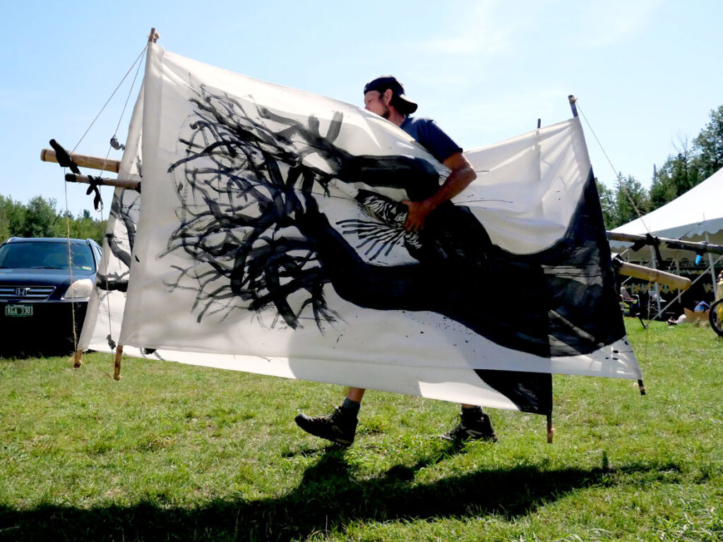 Rehearsal for Bread and Puppet Theater's "Apocalypse Defiance Circus" in Glover, Vermont, Aug. 28, 2022. (© Greg Cook photo)