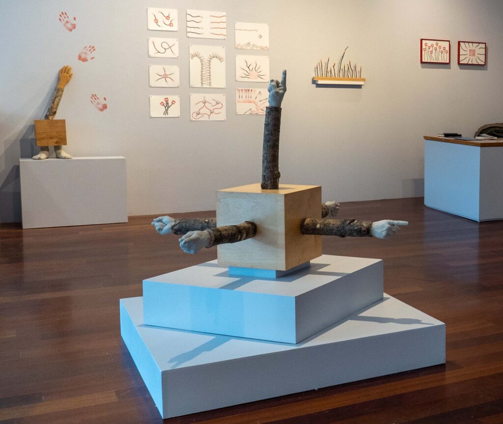 Jeffu Warmouth's "All Roads Lead to Rome" (foreground) in his exhibition "Stamp Sketches & Stomp Boxes" at Boston Sculptors Gallery, 2022. (Courtesy of the artist)