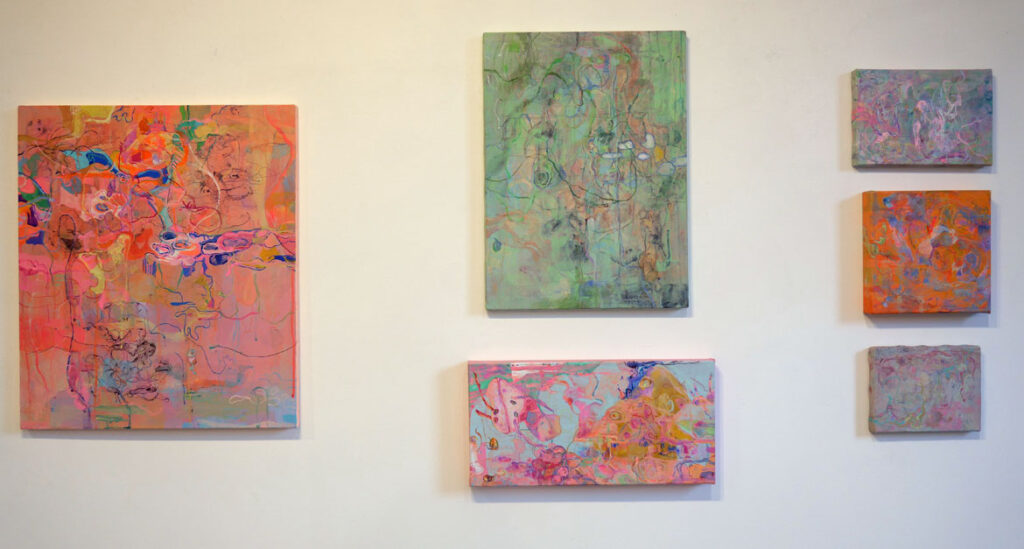 Risa Takahashi acrylic paintings at LaiSun Keane gallery, Boston, January 2023. (© Greg Cook photo)