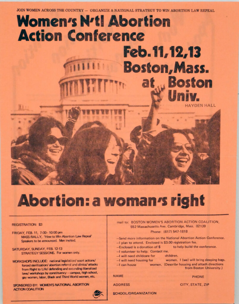 Women's National Abortion Action Coalition flier, 1972. In "The Age of Roe: The Past, Present, and Future of Abortion in America" at Harvard Radcliffe Institute Schlesinger Library's Poorvu Gallery.