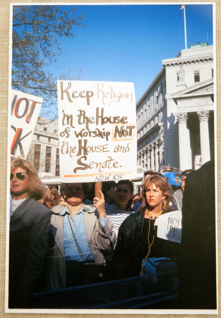 Women's rights demonstration, abortion, photo by Freda Leinwand, May 1989, reproduction from slide. In "The Age of Roe: The Past, Present, and Future of Abortion in America" at Harvard Radcliffe Institute Schlesinger Library's Poorvu Gallery.