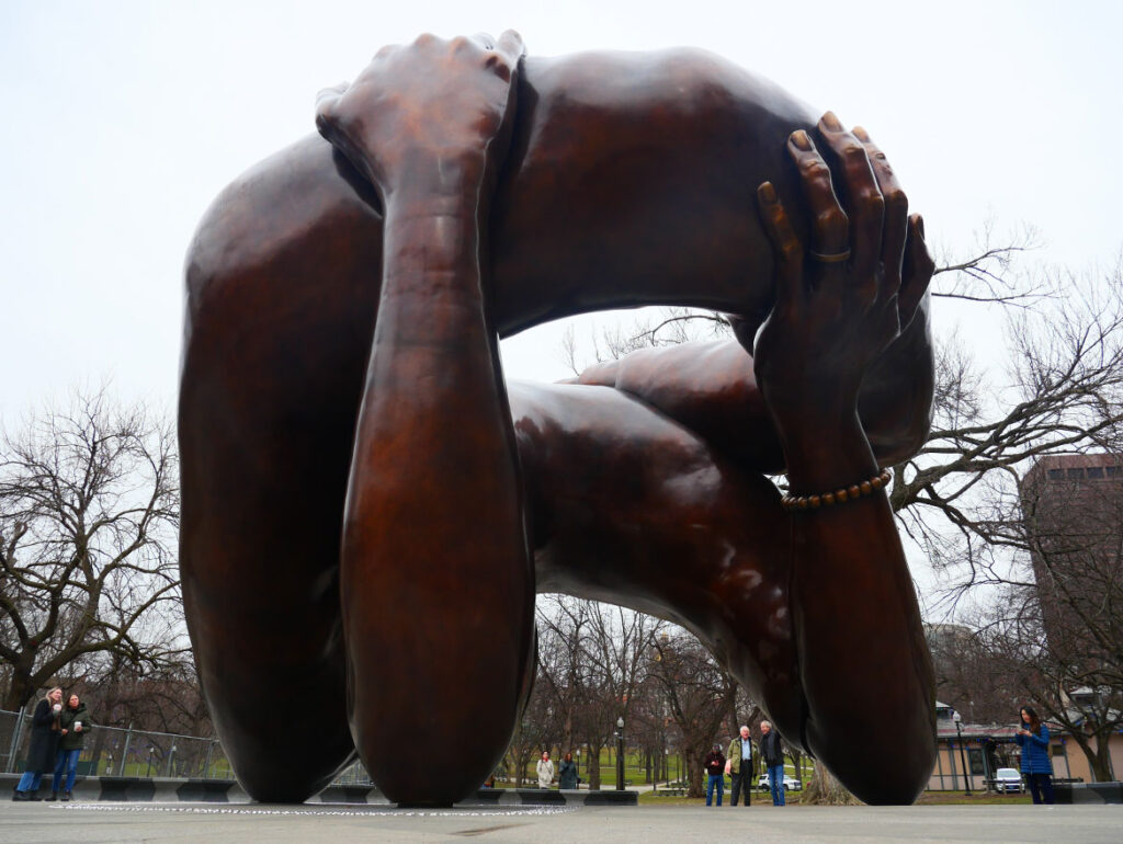 "The Embrace" by Hank Willis Thomas, with assistance from Mass Design Group, on Boston Common, Jan. 19, 2023. (©Greg Cook photo)