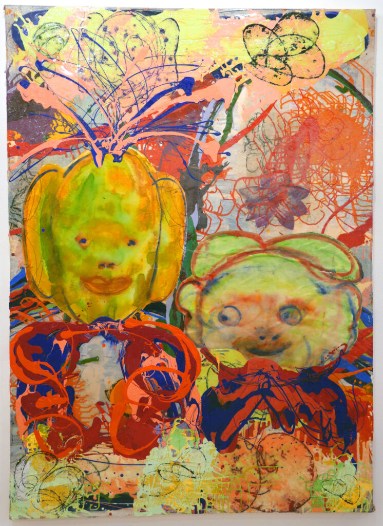 Mark Cooper's mixed-media painting in his exhibition "Bloomin'" at Gallery Kayafas, Boston, January 2023.