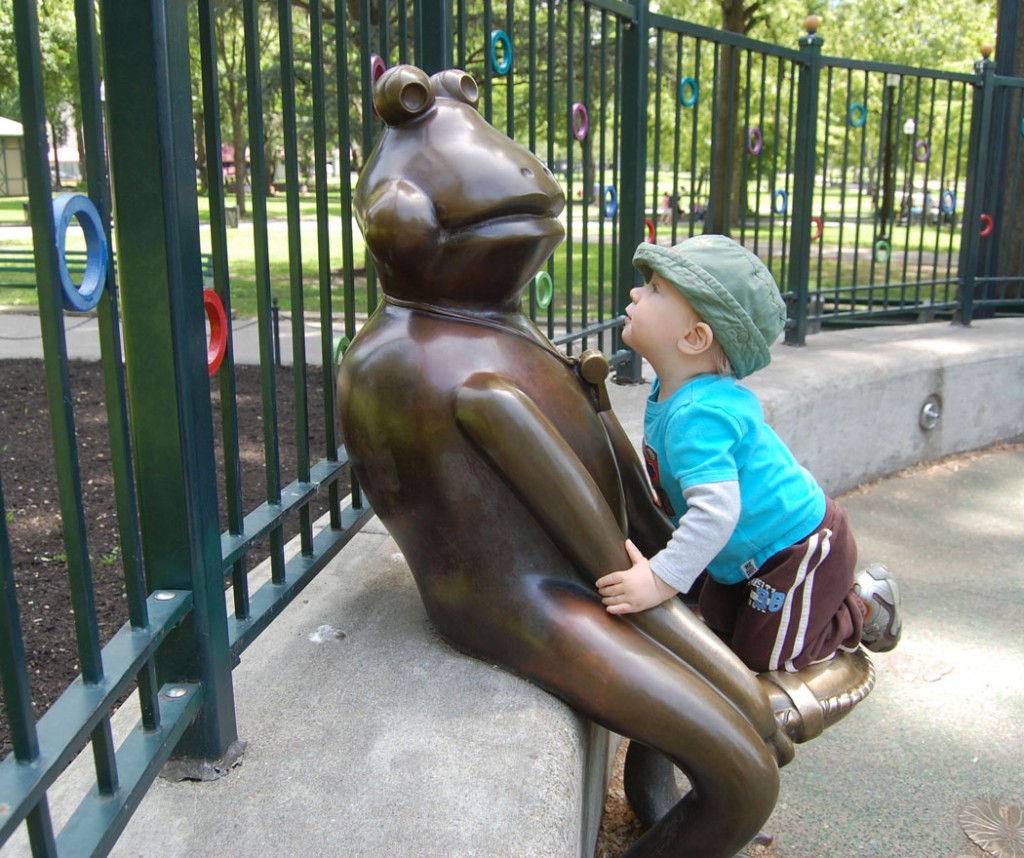 One of David Phillips's frog sculptures at the Tadpole Playground on Boston Common. (Greg Cook)
