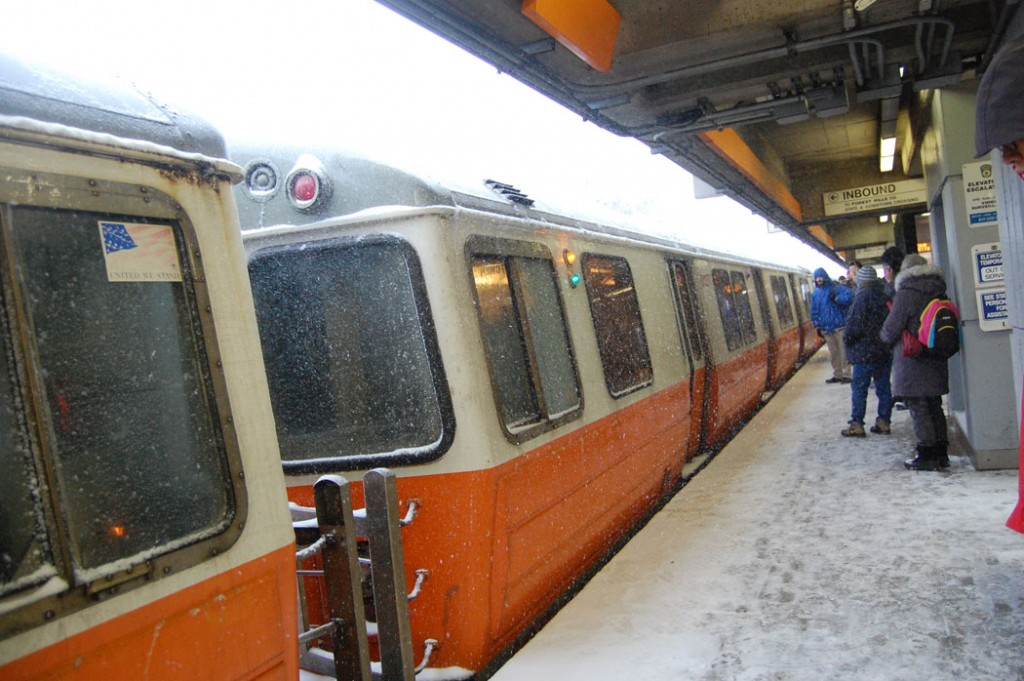 Getting on the MBTA Orange Line at Malden Center station and beginning the journey south. (Greg Cook)