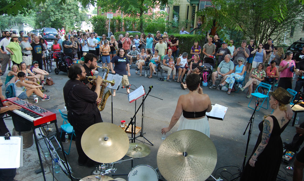Johnny Blazes and The Pretty Boys play at 17 Segel St. during the 2015 Jamaica Plain Porchfest. (©Greg Cook photo)