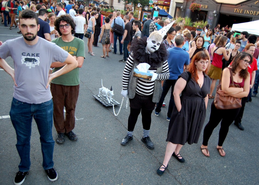 Drabby the Sad Clown (Tom Bush) helps bring the crowd down at Somerville's Pity Party, Union Square, Sept. 17, 2015. (©Greg Cook photo)