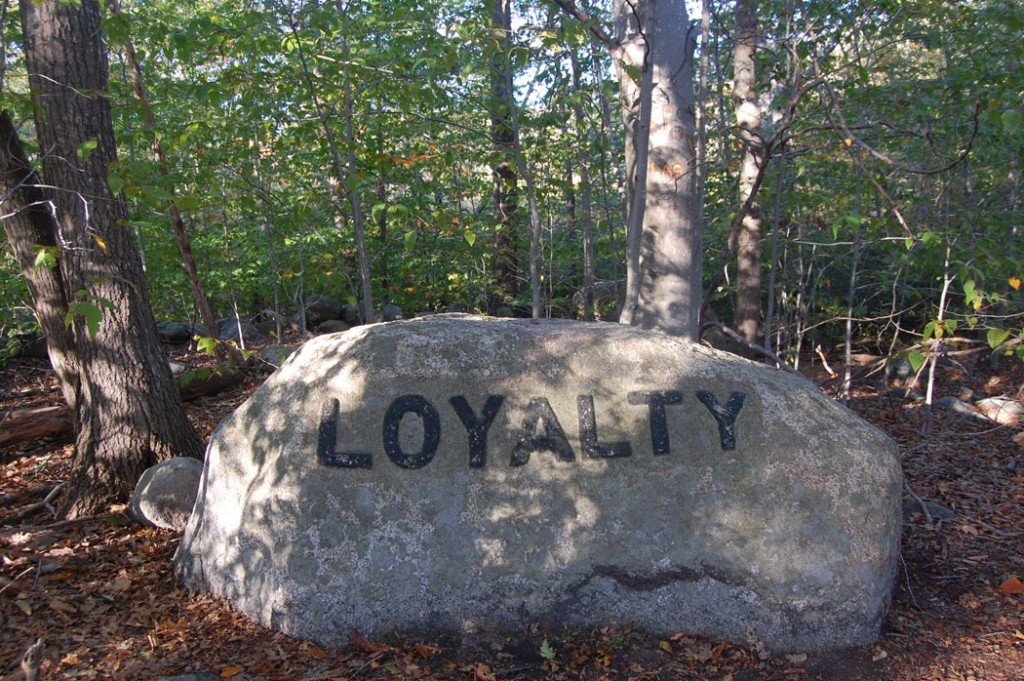 Loyalty boulder in Dogtown, Gloucester, Oct. 16, 2015. (©Greg Cook photo)
