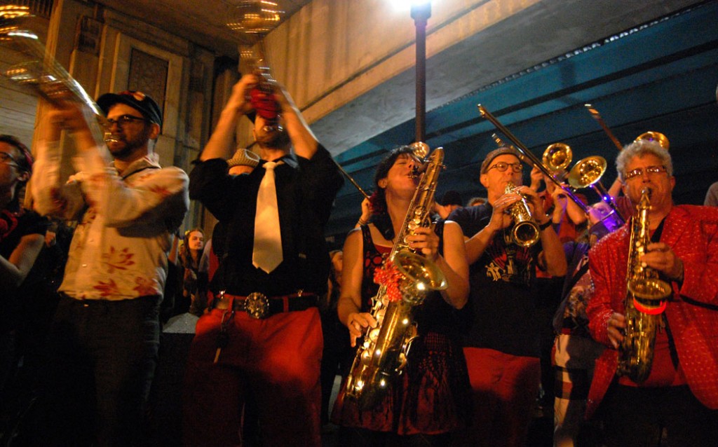 The Second Line Social Aid and Pleasure Society Brass Band plays at Pronk at Fox Point, Providence, Oct. 12, 2015. (Greg Cook)