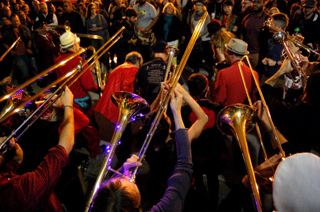 The Second Line Social Aid and Pleasure Society Brass Band plays at Pronk at Fox Point, Providence, Oct. 12, 2015. (Greg Cook)