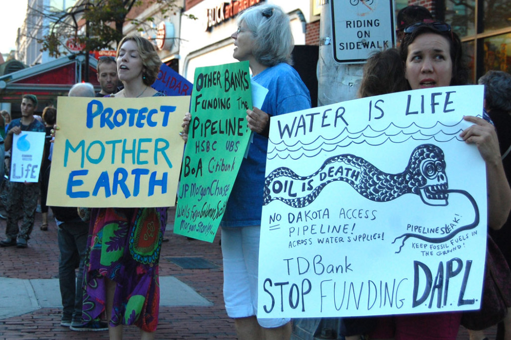 “Dakota Access” Pipeline protesters in Central Square, Cambridge, Sept. 8, 2016. (Greg Cook)