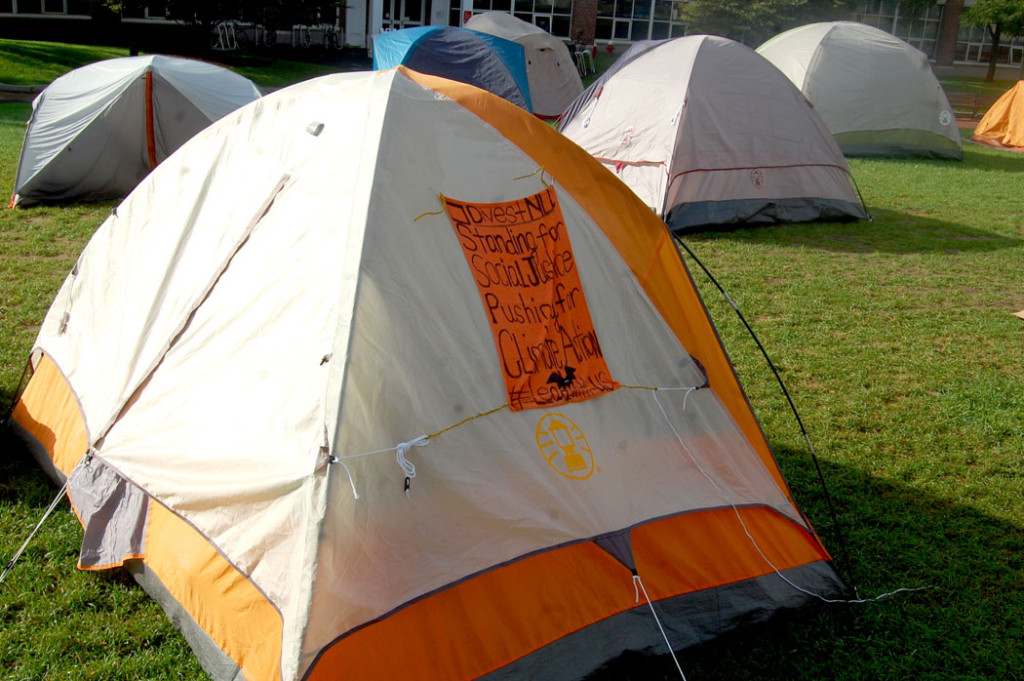 "Standing for Social Justice. Pushing for Climate Action" sign at Divest Northeastern encampment, Oct. 8, 2016. (Greg Cook)