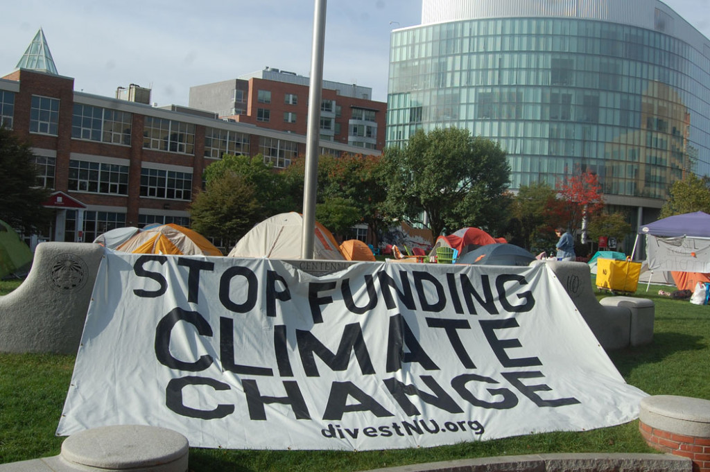 "Stop Funding Climate Change" sign at Divest Northeastern encampment, Oct. 8, 2016. (Greg Cook)