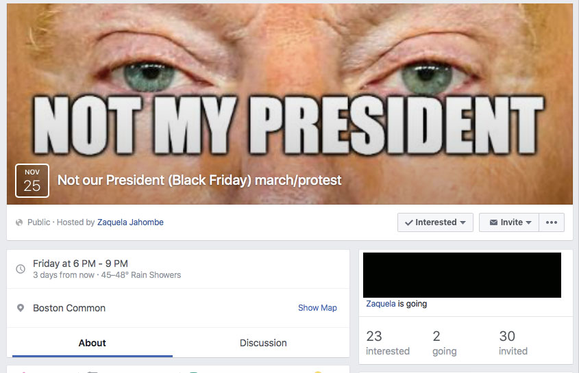 Facebook announcement of Nov. 25 "Not our President" rally. (Greg Cook)