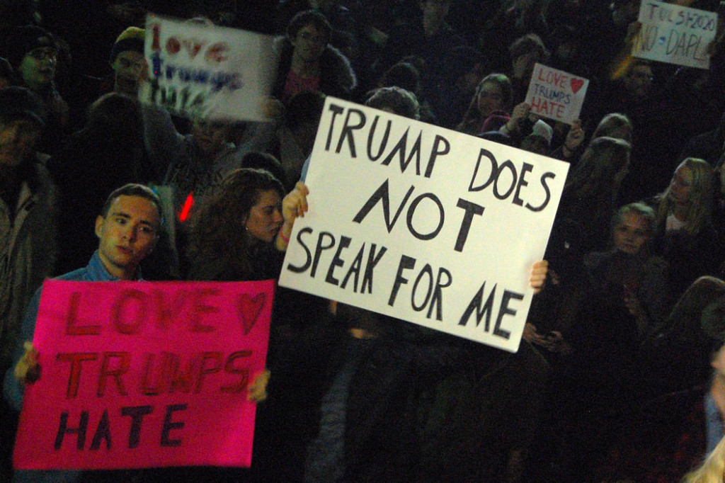 "Trump Does Not Speak for Me." At "Protest Trump in Boston" at Boston Common, Nov. 9, 2016. (Greg Cook)