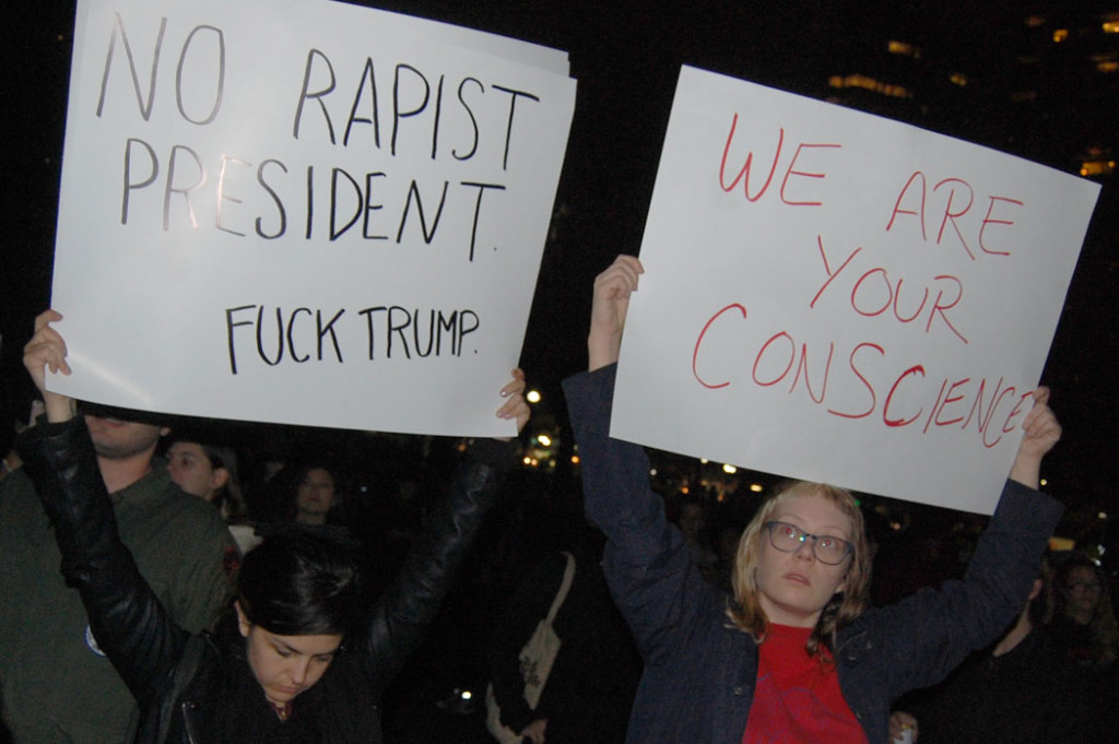 "No Rapist President. Fuck Trump." "We Are Your Conscience." At "Protest Trump in Boston" at Boston Common, Nov. 9, 2016. (Greg Cook)