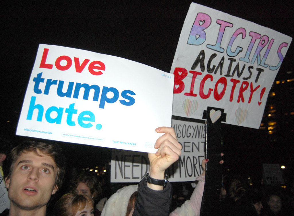 "Love Trumps Hate." "BiGirls Against Bigotry!" At "Protest Trump in Boston" at Boston Common, Nov. 9, 2016. (Greg Cook)