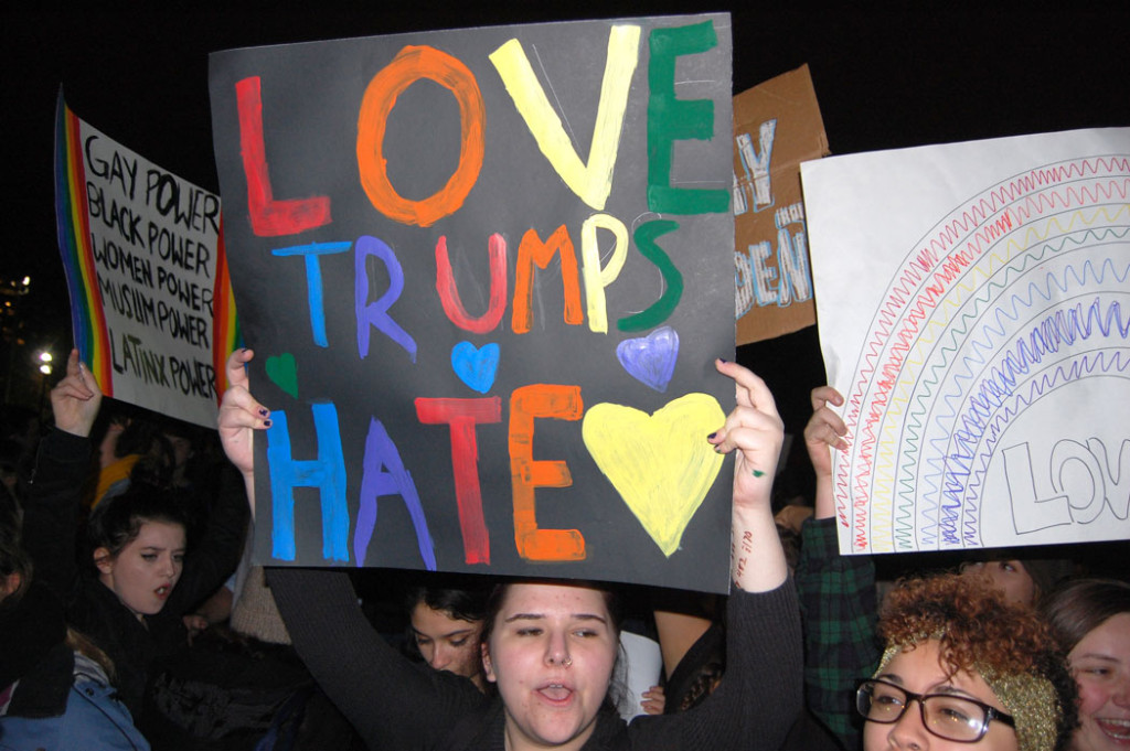 "Gay Power. Black Power. Women Power. Muslim Power. Latinx Power." "Love Trumps Hate." "Love." At "Protest Trump in Boston" at Boston Common, Nov. 9, 2016. (Greg Cook)