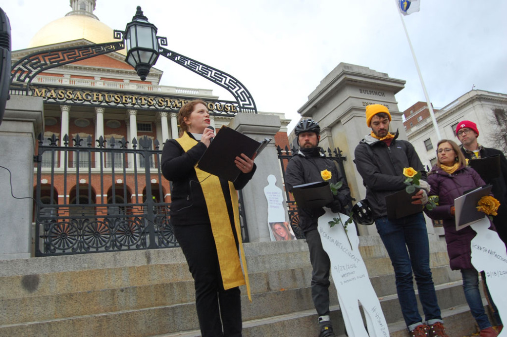 Rev. Laura Everett of the Massachusetts Council of Churches speaks at the World Day of Remembrance vigil and rally at the Massachusetts State House in Boston, Nov. 20, 2016. (Greg Cook)