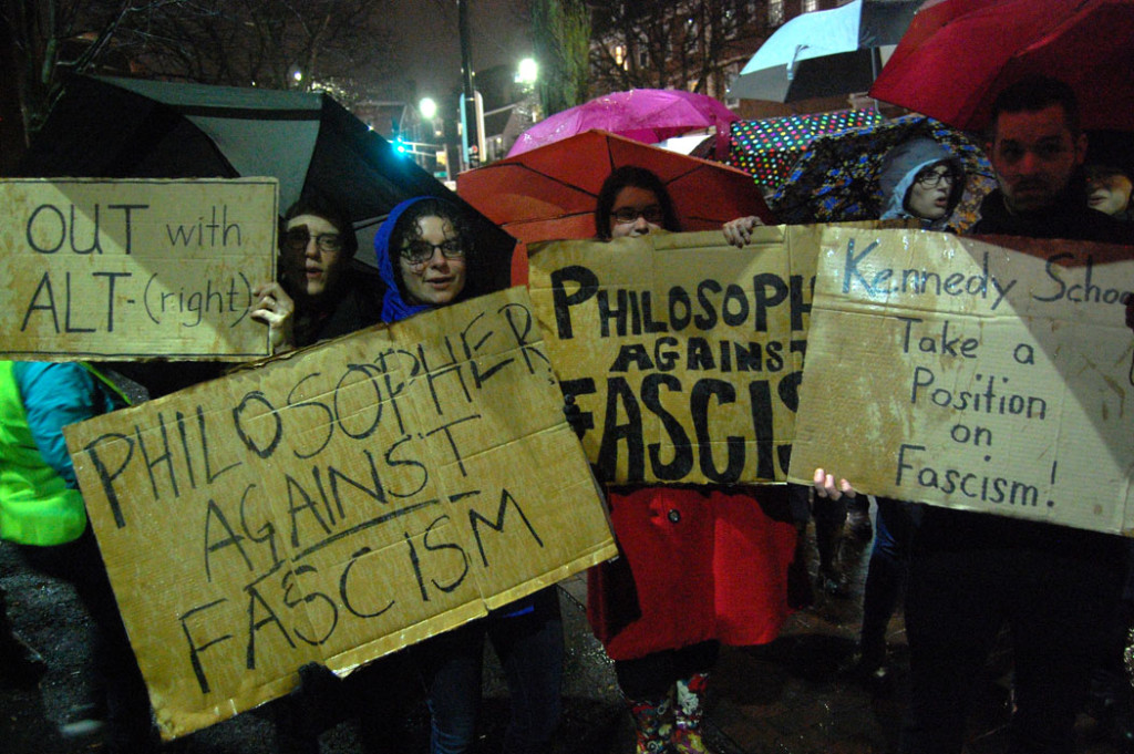 "Out with Alt-(right)." "Philosopher against fascism." "Kennedy School take a position on fascism!" At “Protest Trump Advisers and White Supremacy at Harvard” rally, Nov. 30, 2016. (Greg Cook)