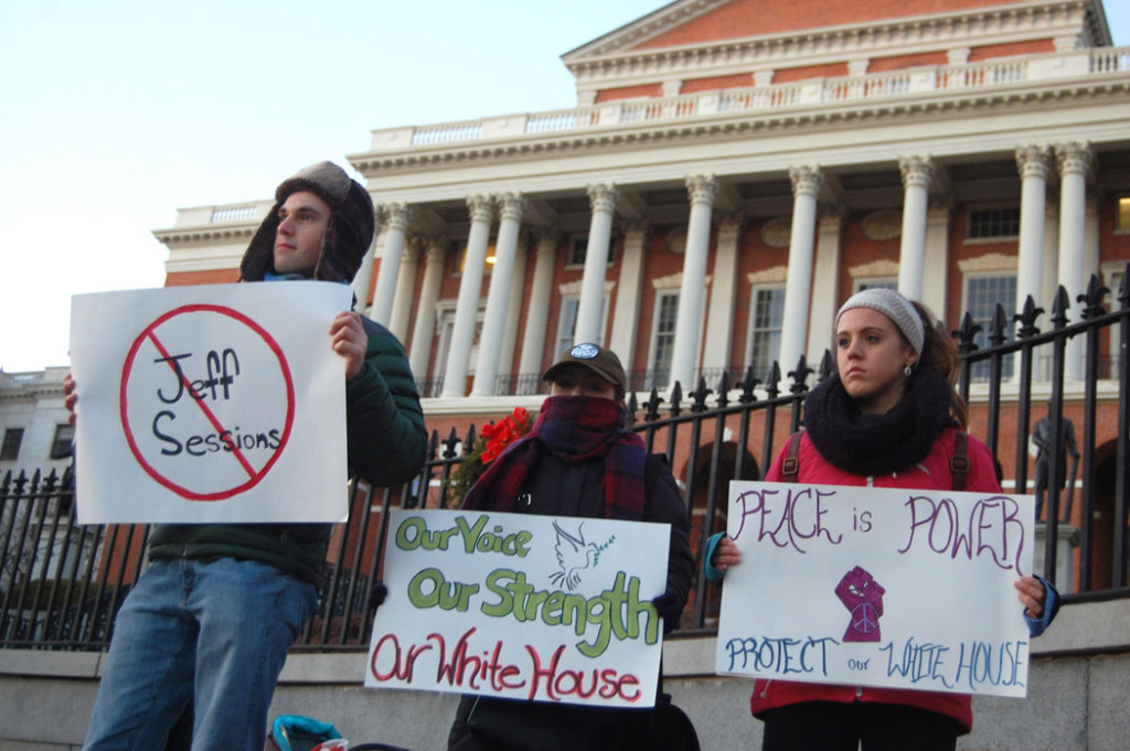 No to "Jeff Sessions." "Our Voices / Our Strength / Our White House." "Peace is Power. Protect Our White House." At "Protect Our White House" rally at Massachusetts State House in Boston, Dec. 9, 2016. (Greg Cook)