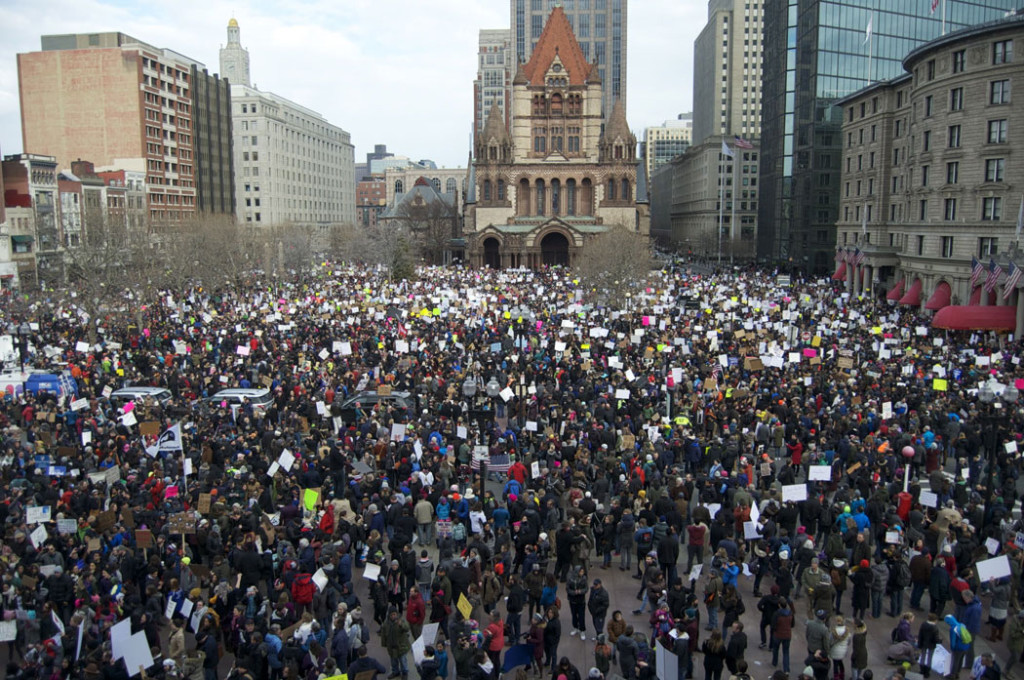 Tens of thousands fill Copley Square for the "Boston Protest Against [Donald Trump's] Muslim Ban and Anti-Immigration Orders," Jan. 29, 2017. (Greg Cook)