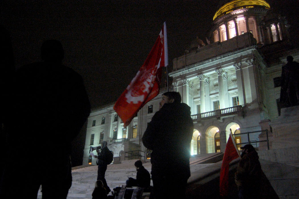 “Inauguration Day Rally Against Trump and the Right-Wing Agenda!”</a> Organized by Socialist Alternative RI at the Rhode Island State House in Providence, on the evening of Donald Trump's inauguration as president of the United States, Jan. 20, 2017. (Greg Cook)