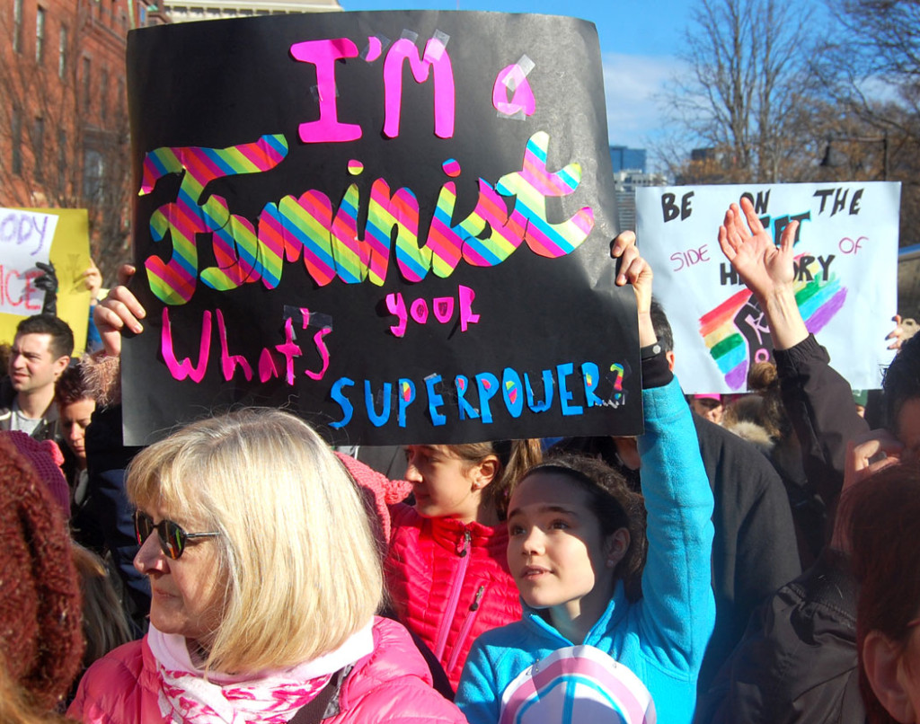The "Boston Women's March" on Beacon Street, Jan. 21, 2017. (Greg Cook)