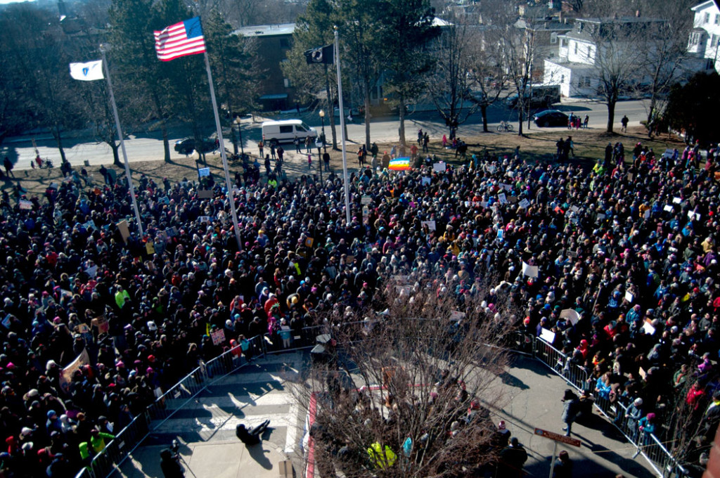 More than 4,000 people attended the Somerville Sanctuary City Rally, Feb. 4, 2017. (Greg Cook)