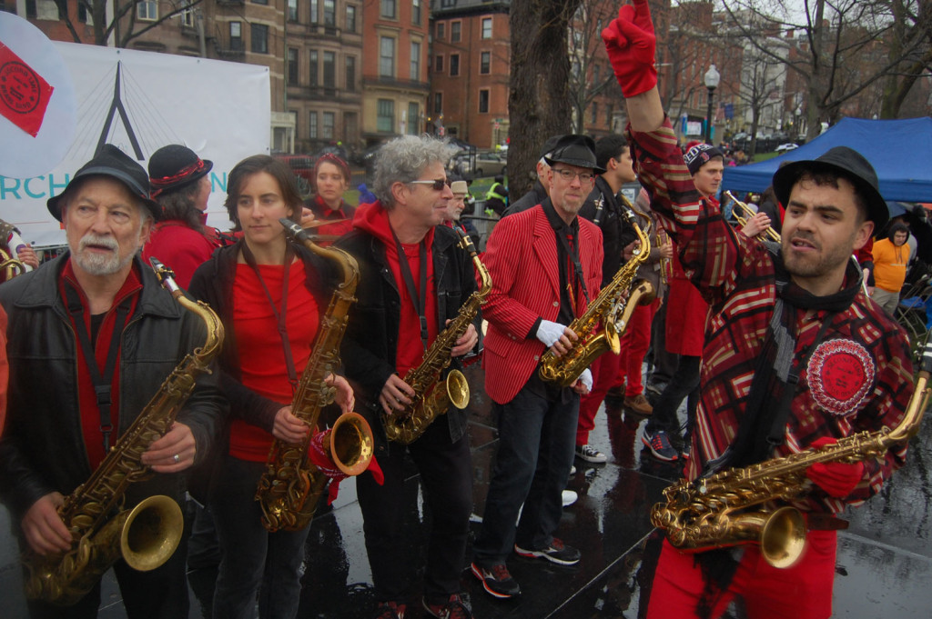The Second Line Social Aid & Pleasure Society Brass Band performs at the "March for Science" at Boston Common, April 22, 2017. (Greg Cook)