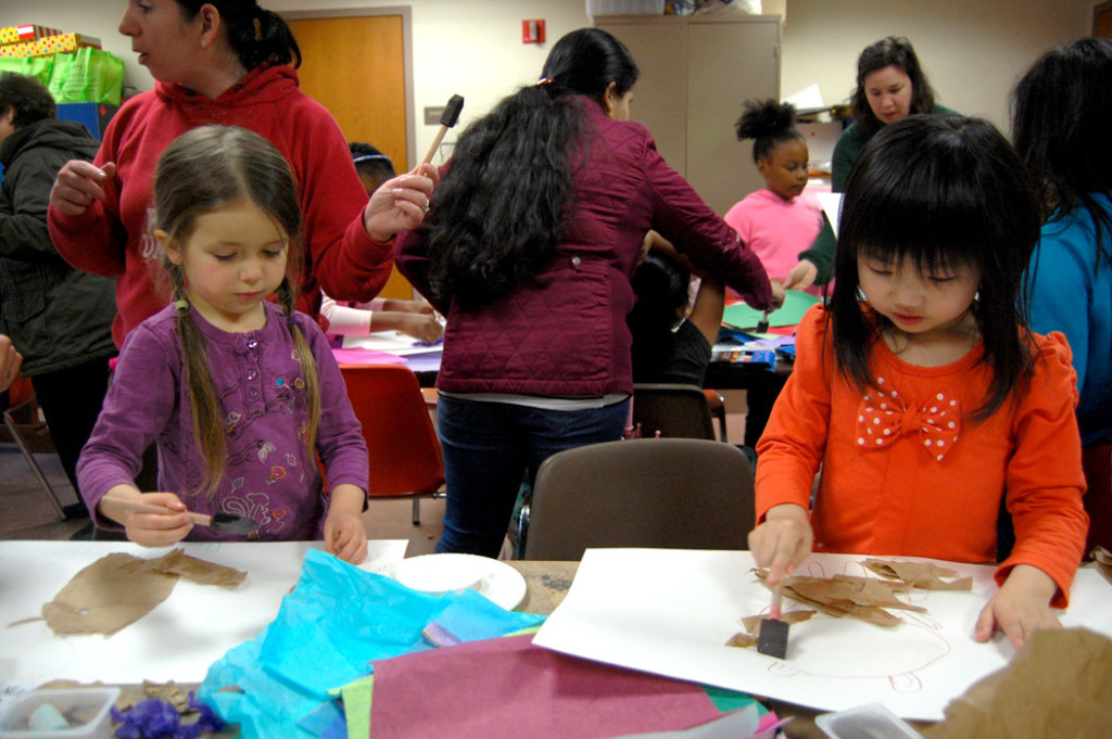 "Thank You, Nature Neighbors" craft workshop at the Malden Public Library, March 25, 2017. (Greg Cook)