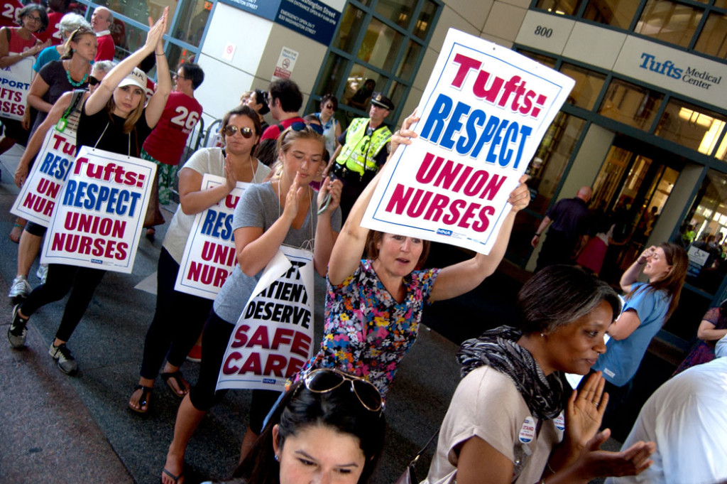 Nurses picket Tufts Medical Center in Boston as part of a one-day strike, July 12, 2017. (Greg Cook)