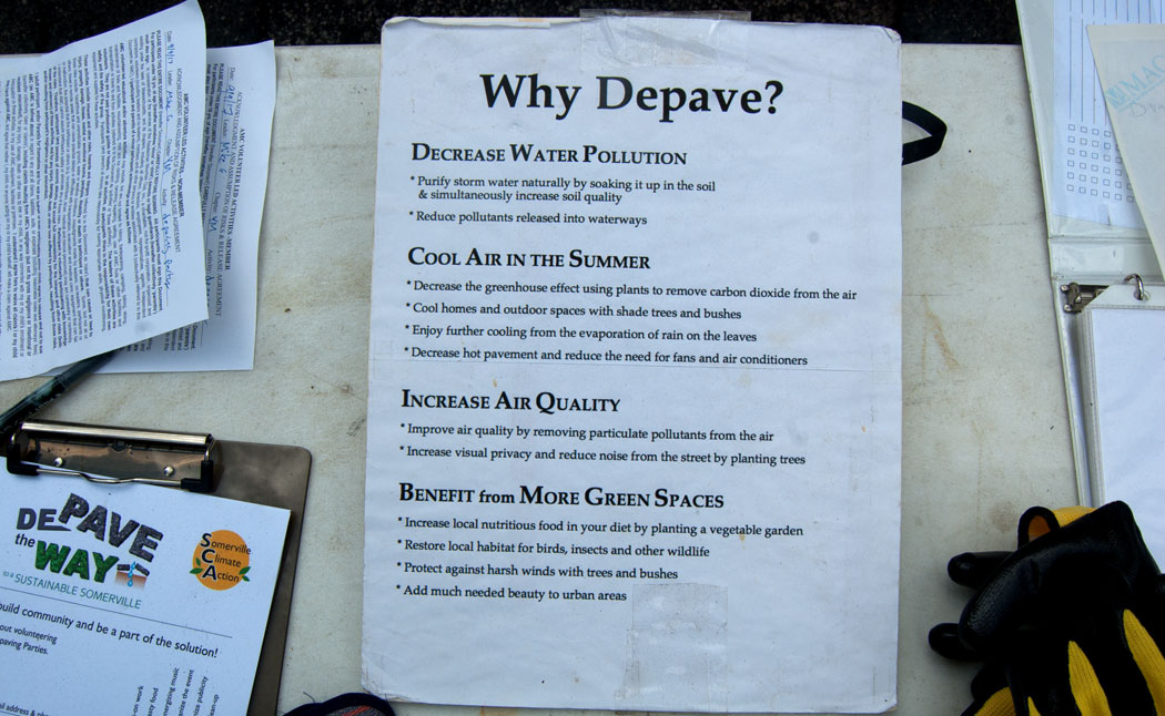 "Why Depave?" sign at Somerville Climate Action's Depave The Way Event, Sept. 9, 2017. (Greg Cook)