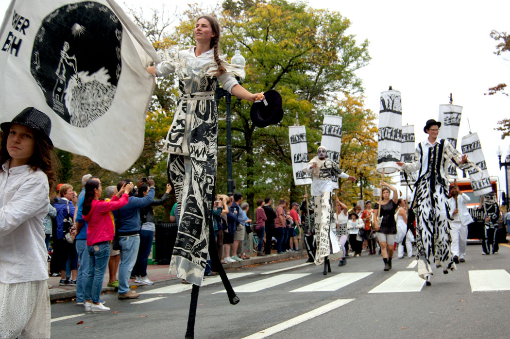 Bread and Puppet Theater from Glover, Vermont, marches in the Honk Parade, Sept. 8, 2017. (Greg Cook)