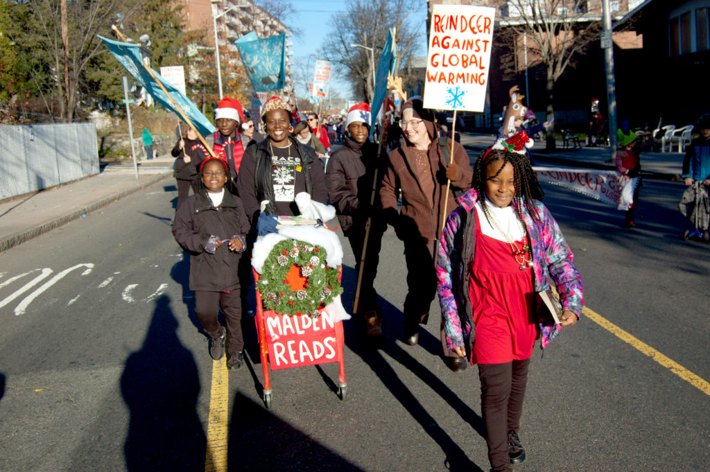"Reindeer Against Global Warming" group in Malden's Parade of Holiday Traditions, Nov. 25, 2017. (Greg Cook)