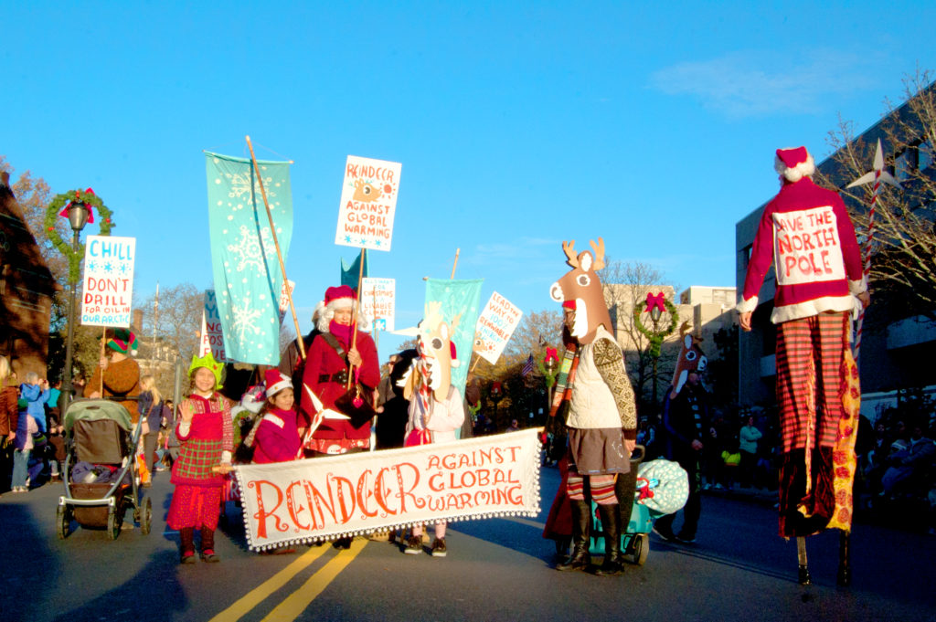 "Reindeer Against Global Warming" group in Malden's Parade of Holiday Traditions, Nov. 25, 2017. (Greg Cook)