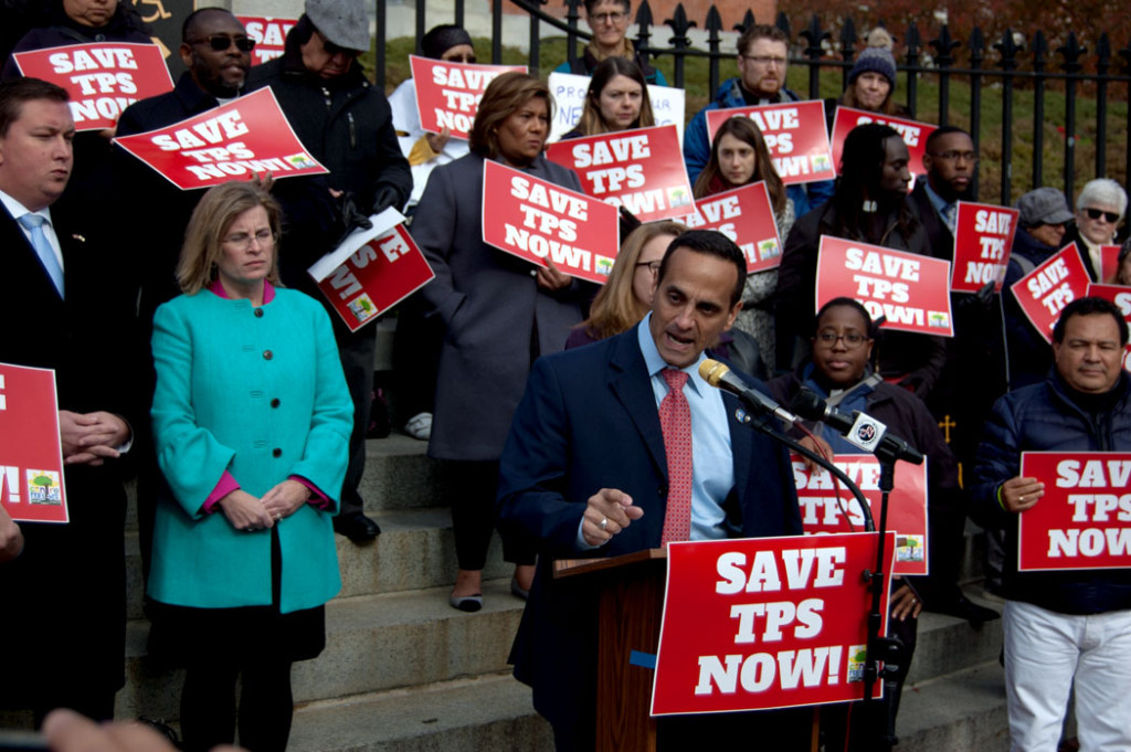Somerville Mayor Joseph Curtatone speaks at the "Save Temporary Protected Status Now" rally at the Massachusetts State House, Nov. 8, 2017. (Greg Cook)