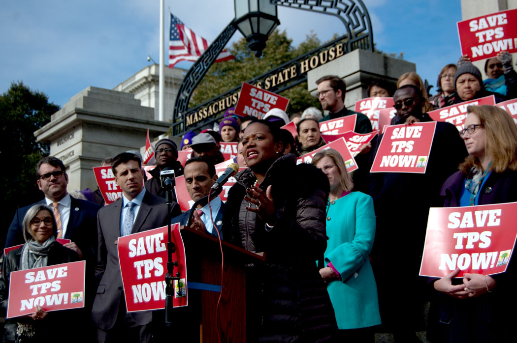 Massachusetts State Sen. Linda Dorcena Forry of Boston speaks at the "Save Temporary Protected Status Now" rally at the Massachusetts State House, Nov. 8, 2017. (Greg Cook)