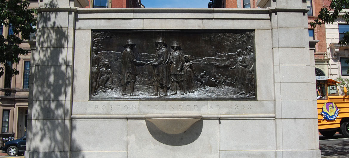 Founders Memorial by John Francis Paramino, 1930, on Boston Common at Beacon and Spruce Streets. (Greg Cook)