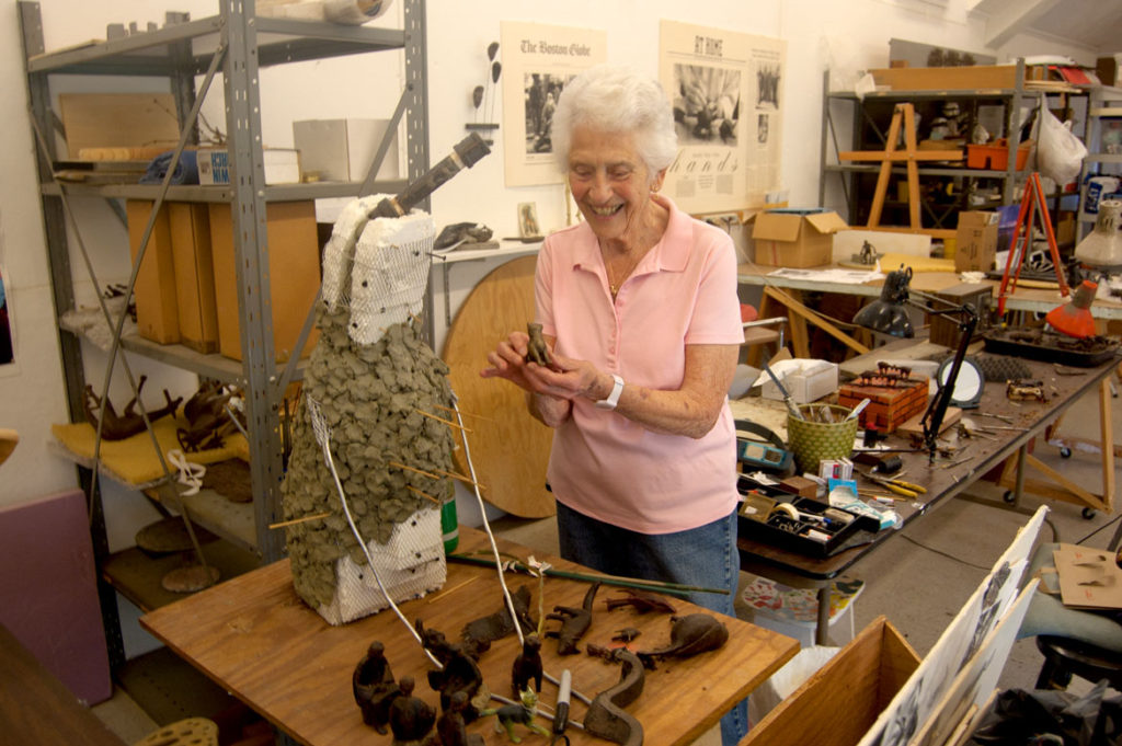 "Make Way for Ducklings" sculptor Nancy Schon at her West Newton studio, Sept. 14, 2017. (Greg Cook)